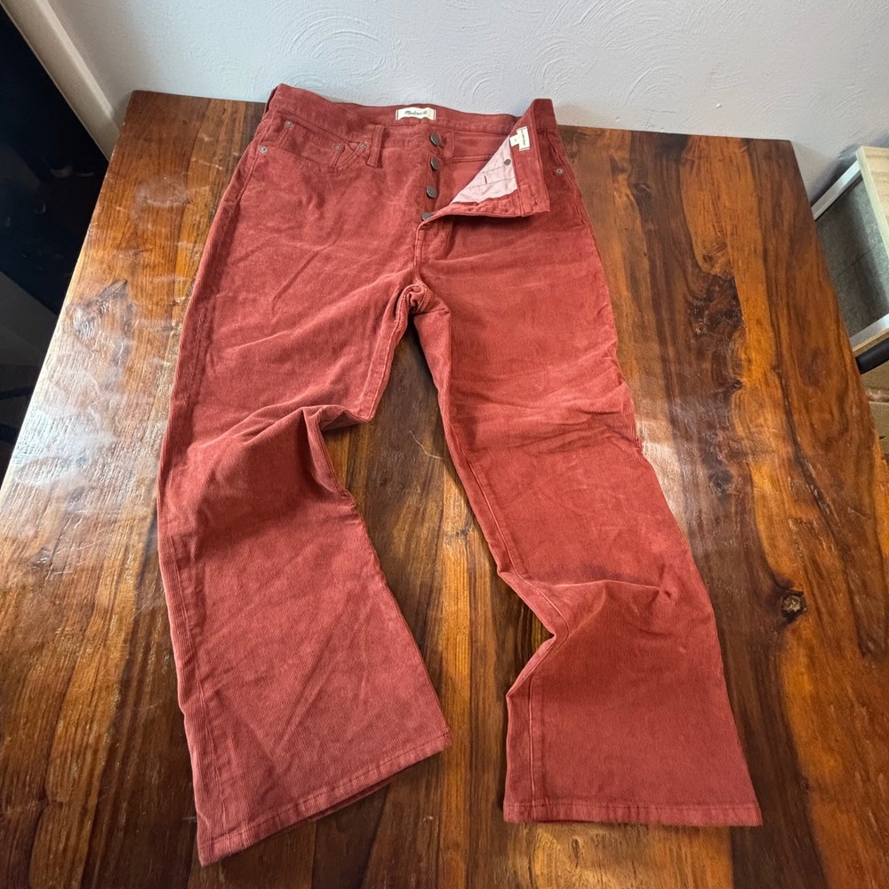 Madewell Cali Demi-Boot Corduroy Pants 32 Rust Red High Rise Button Fly Flare